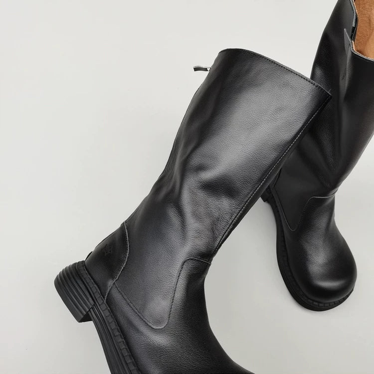 Wide-toe Box Handmade Genuine Leather Women's Mid Calf Boots Black Zipper