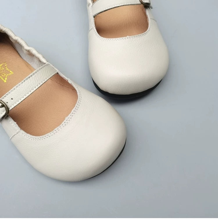Women's Genuine Leather Wide Toe Mary Jane Shoes – Breathable Anti-Slip Flat Flats for Wide Feet & Bunions