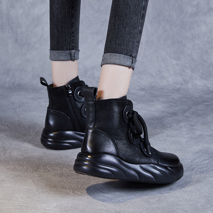 Women's Genuine Leather Lace-Up Ankle Boots – Casual Platform Chunky Sole