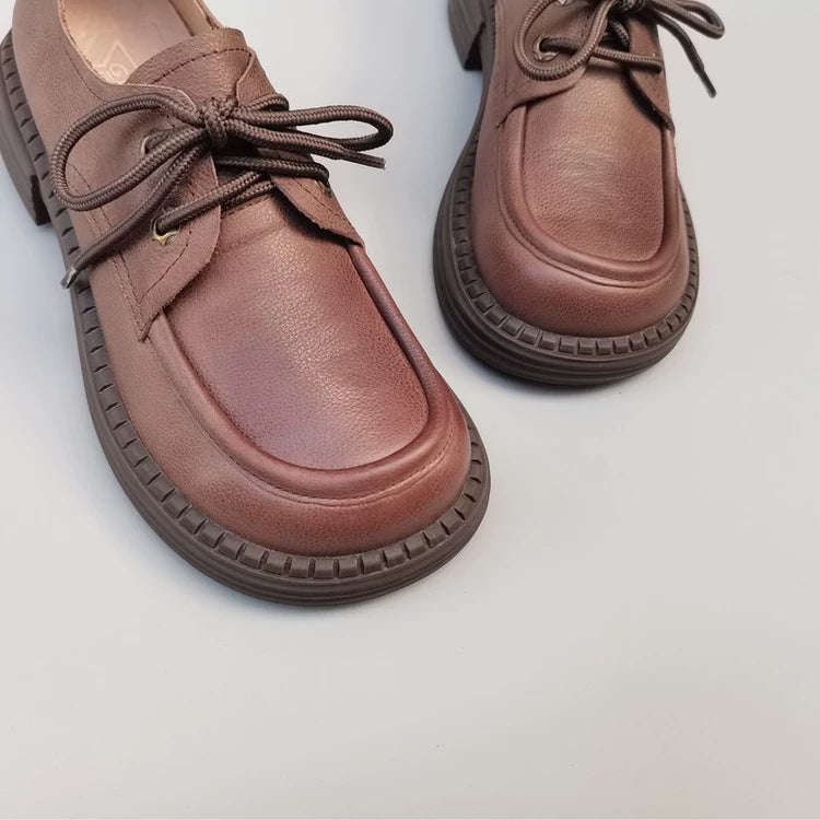 Women's Wide Toe Box Genuine Leather Oxfords British Style Lace Up Derby Shoes