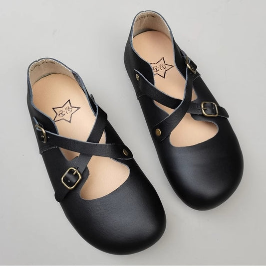 Women's Hidden Wedge Heel Shoes - Handmade Vintage Style with Cross Strap Buckle