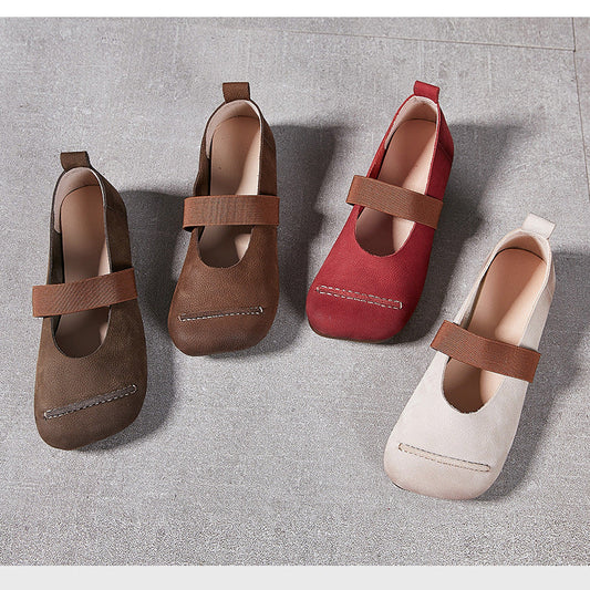 Women's Leather Retro Square Toe Elastic Band Slip On Flat Shoes
