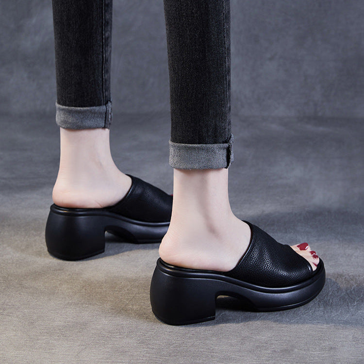 Women's Summer Open-Toe Chunky Heel Platform Mule Sandals – Soft Leather