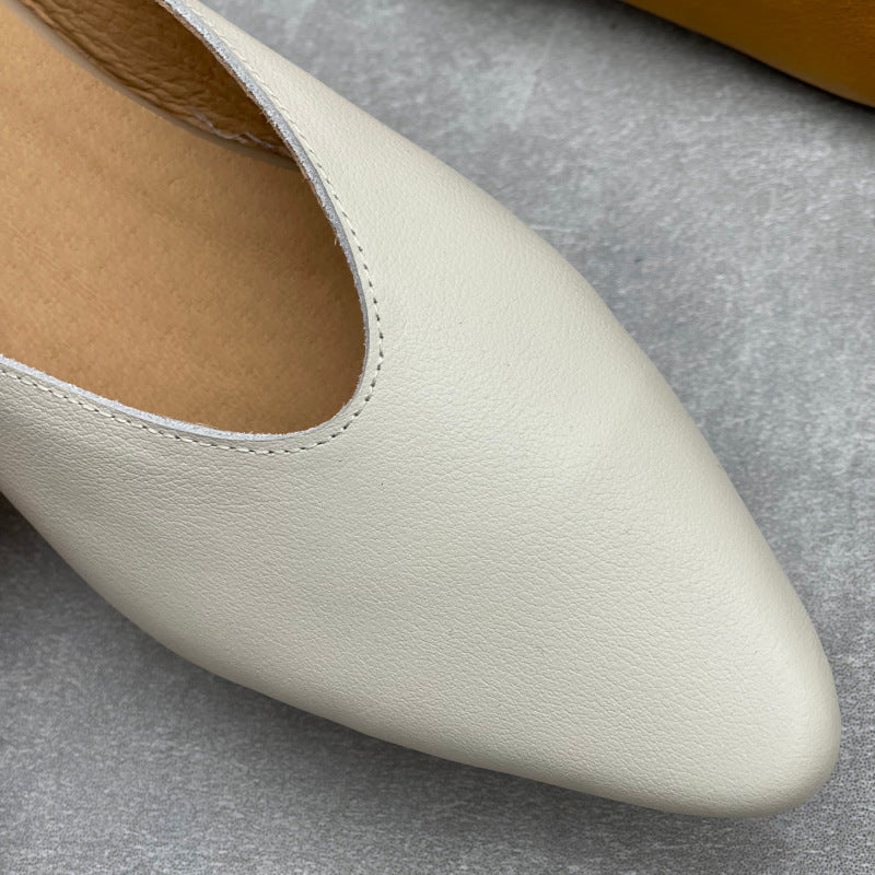 Women's Pointed Toe Leather V-Cut Mules - Unlined Minimalist Flat Slides
