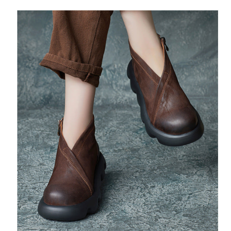 Women's Genuine Leather Platform Ankle Boots – Lightweight Chunky Sole Boots