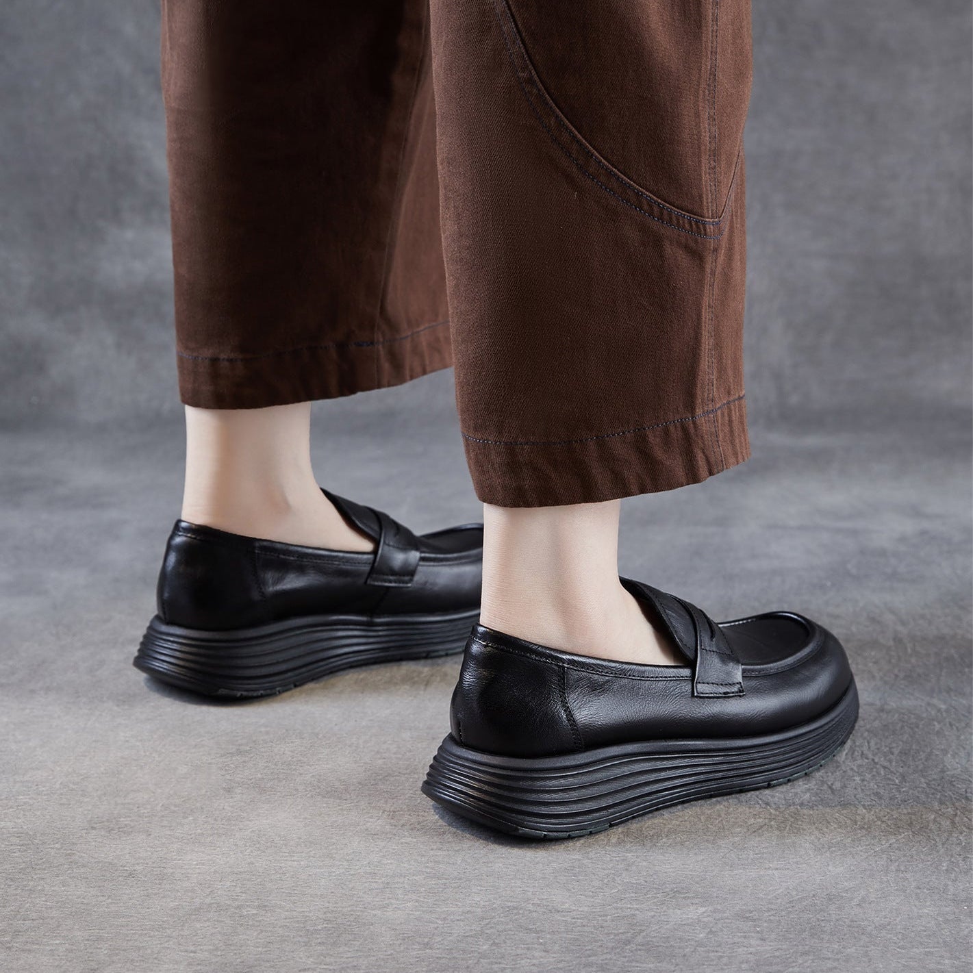 Women’s Leather Slip-On Loafers – Vintage Low Wedge Comfort Shoes