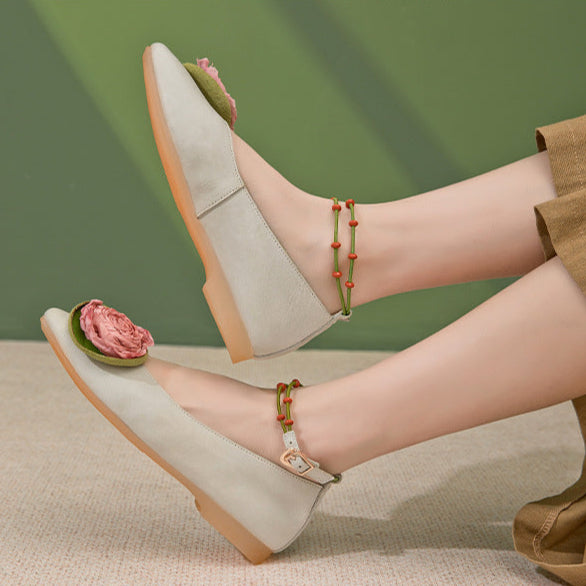 Women's Leather Handmade Literary Style Flower Pointed Toe Flat Shoes