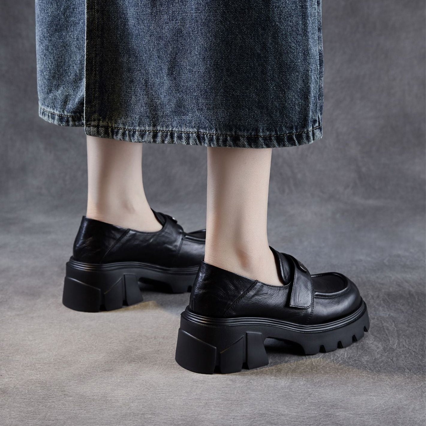 Women’s Leather Platform Block Heel Loafers – Vintage Metal Detail
