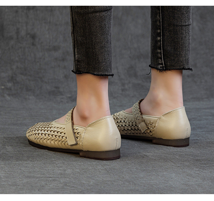 Genuine Leather Weaving Hollow Out Breathable Summer Velcro Women's Sandals