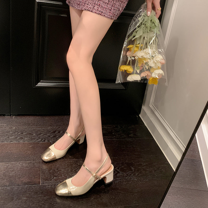 Women's Elegant French Patchwork Slip On Closed Toe Mid Heel Sandals