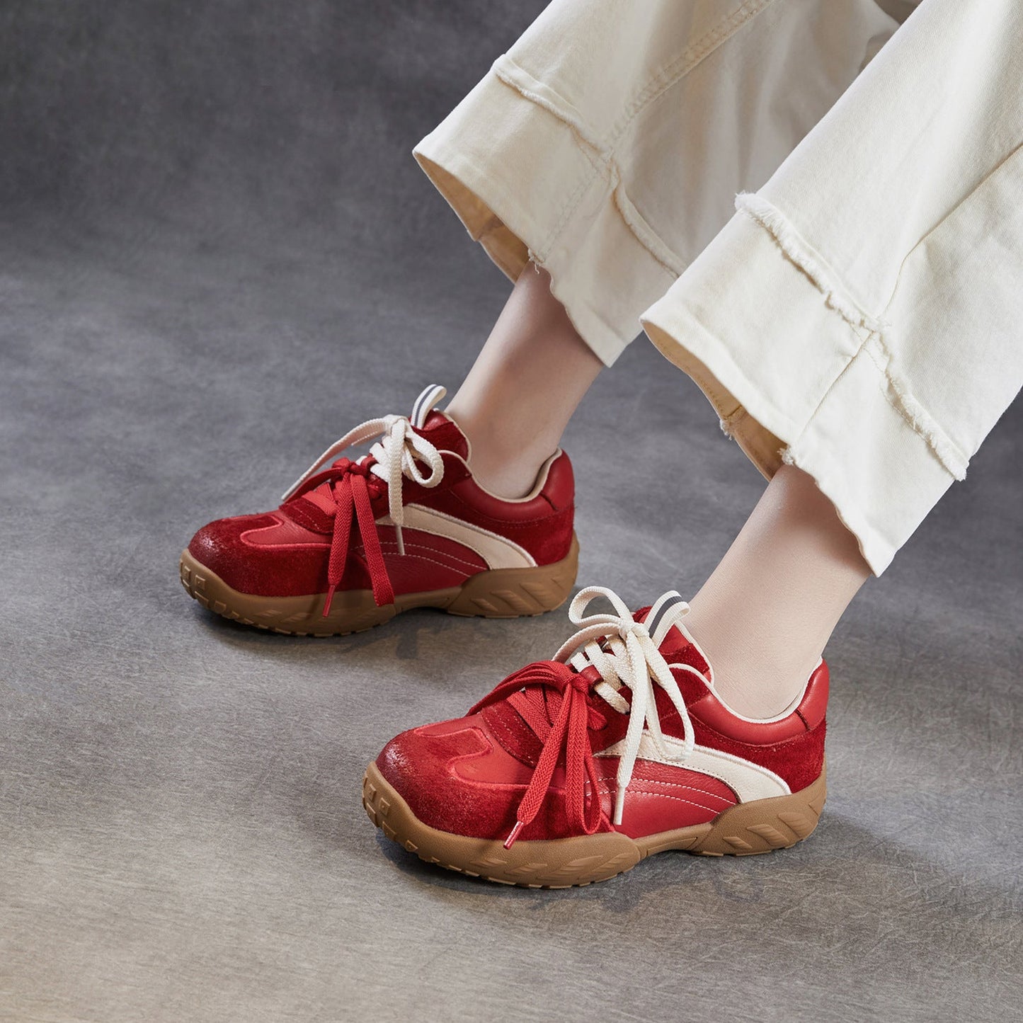 Women’s Leather Patchwork Trainers – Lightweight Spring Lace-Up Casual Shoes