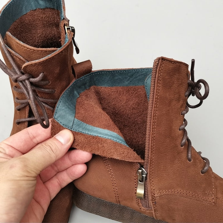 Women's Handmade Vintage Leather Lace-Up Flat Boots – Soft Sole, Breathable & Comfortable