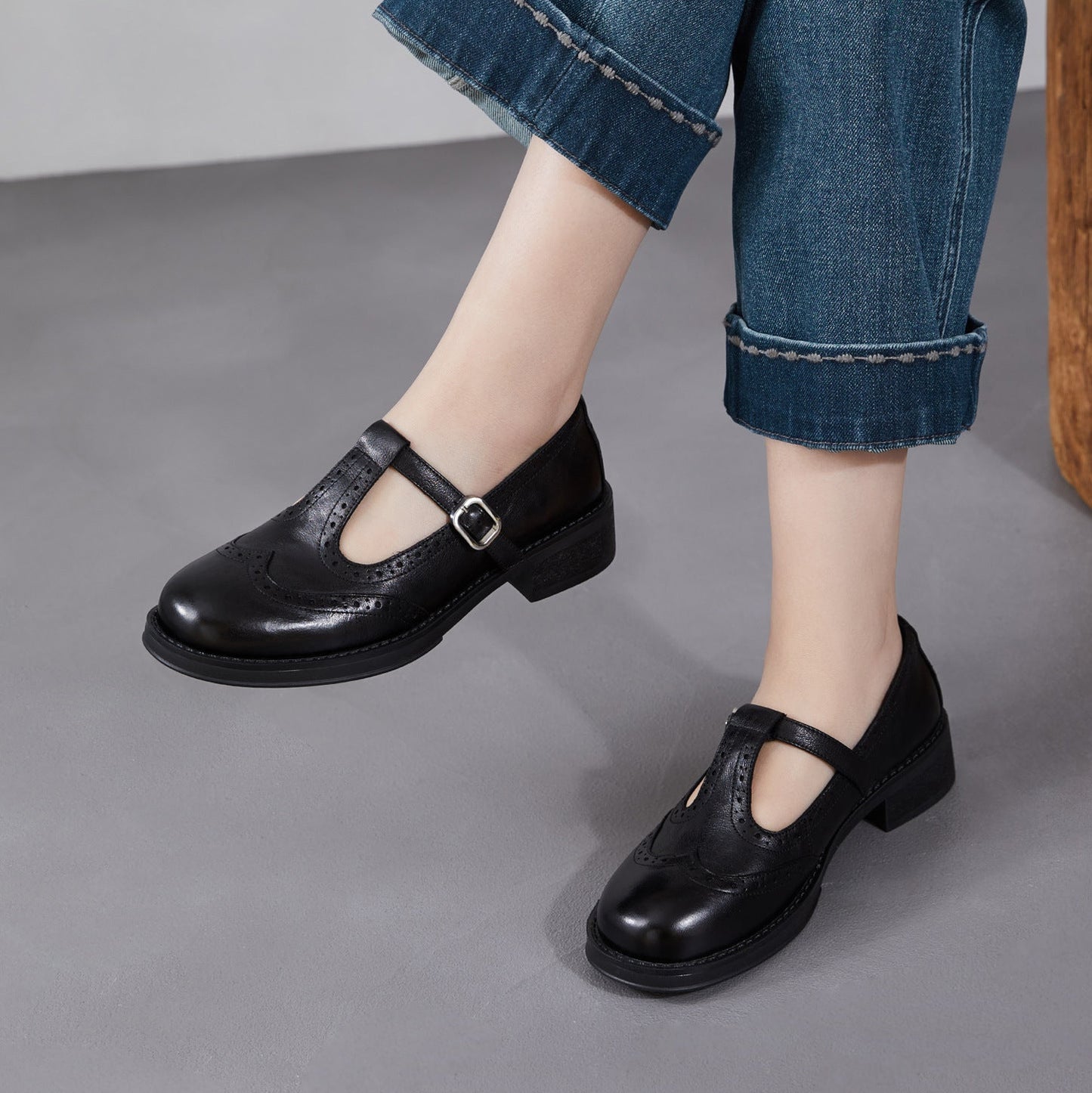 Women's Brogue T-Strap Mary Janes - Unlined Cowhide Leather - Block Heel