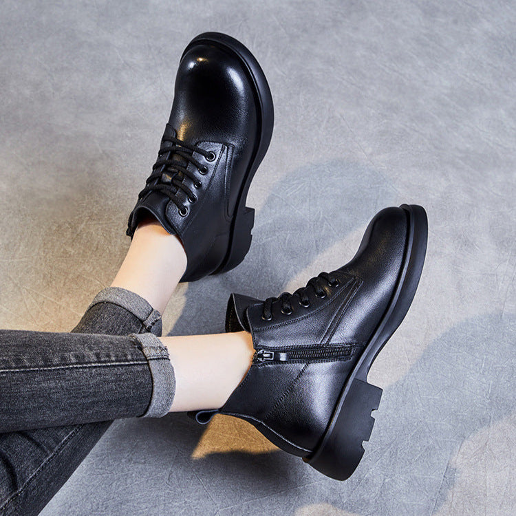 Women's Genuine Leather Casual Ankle Boots – Round Toe with Side Zipper