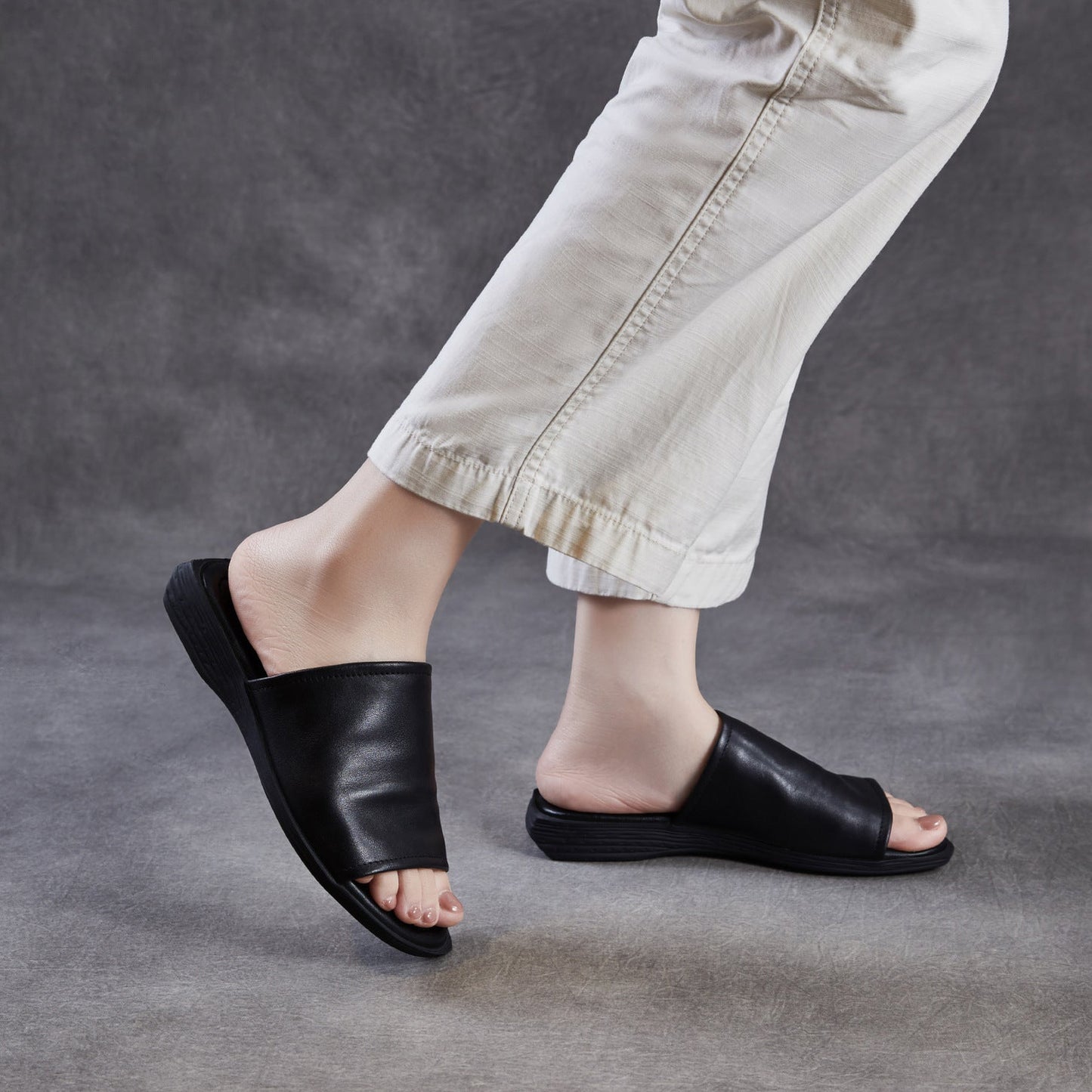 Women's Open Toe Leather Ruched Mules - Zen Style Cowhide Summer Slides