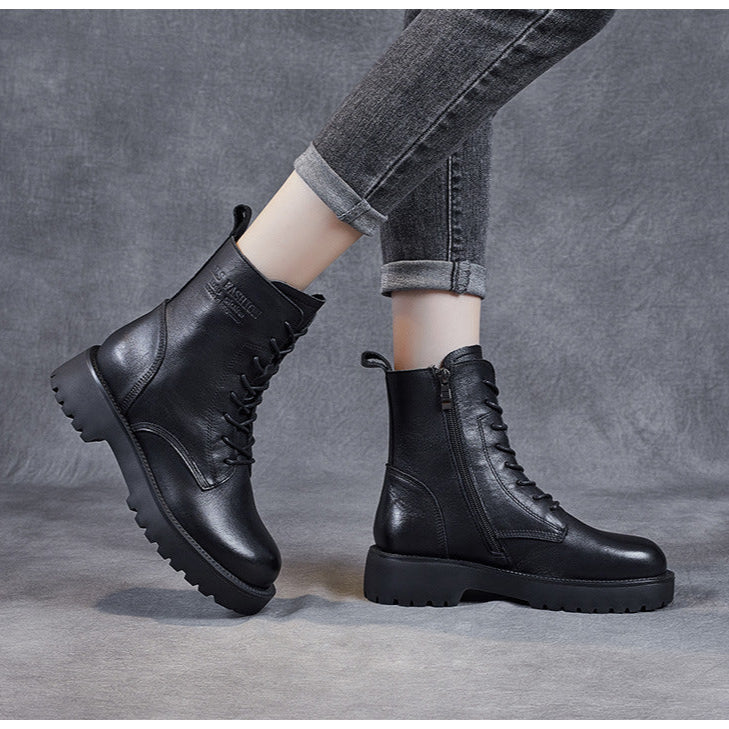 Women's Genuine Leather Casual Combat Boots with Side Zipper Closure