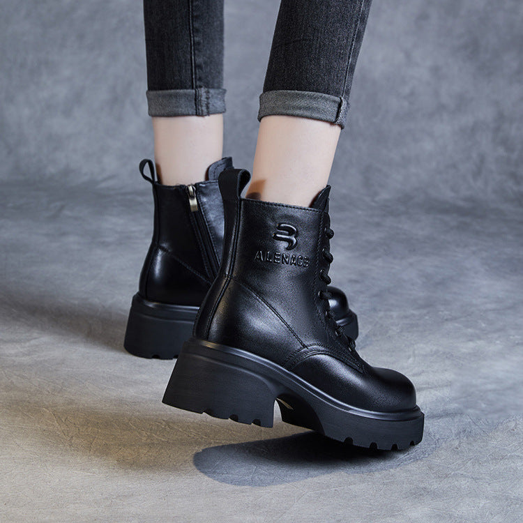 Women's Genuine Leather Lightweight Ankle Boots – Platform Chunky Heel