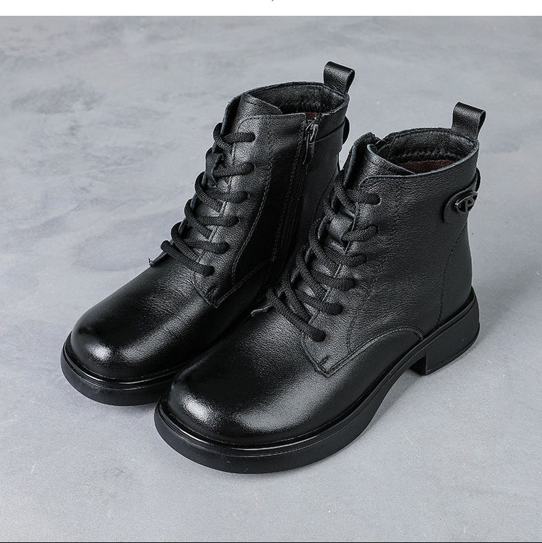 Women’s British Style Leather Lace-Up Ankle Boots – Retro Block Heel Boots