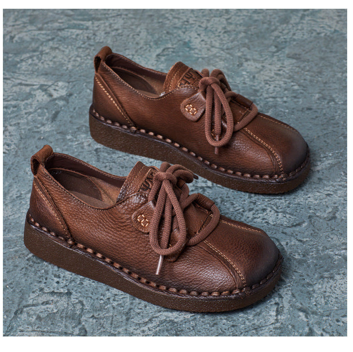 Women's Casual Walking Shoe Leather Soft Sole Lace Up Flat Shoes