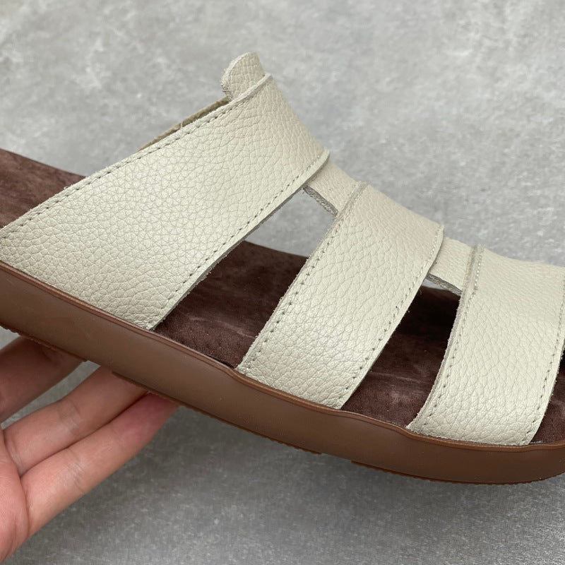 Artisanal Woven Leather Summer Slides - Minimalist Round Toe Cowhide Mules - Breathable Flat Footwear