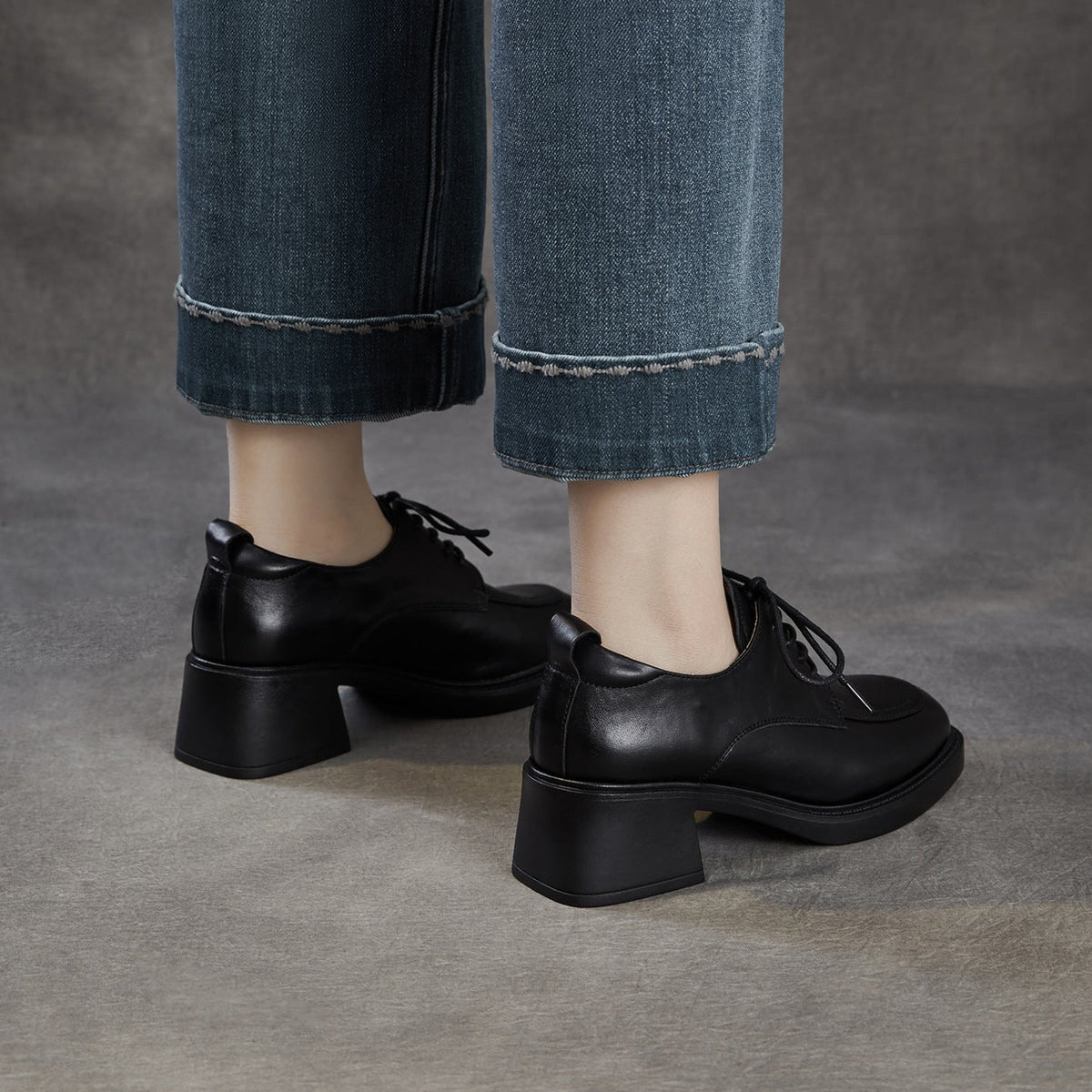 Women's Top-Grain Leather Oxford Shoes Chunky High Heel Lace Up Platform Pumps