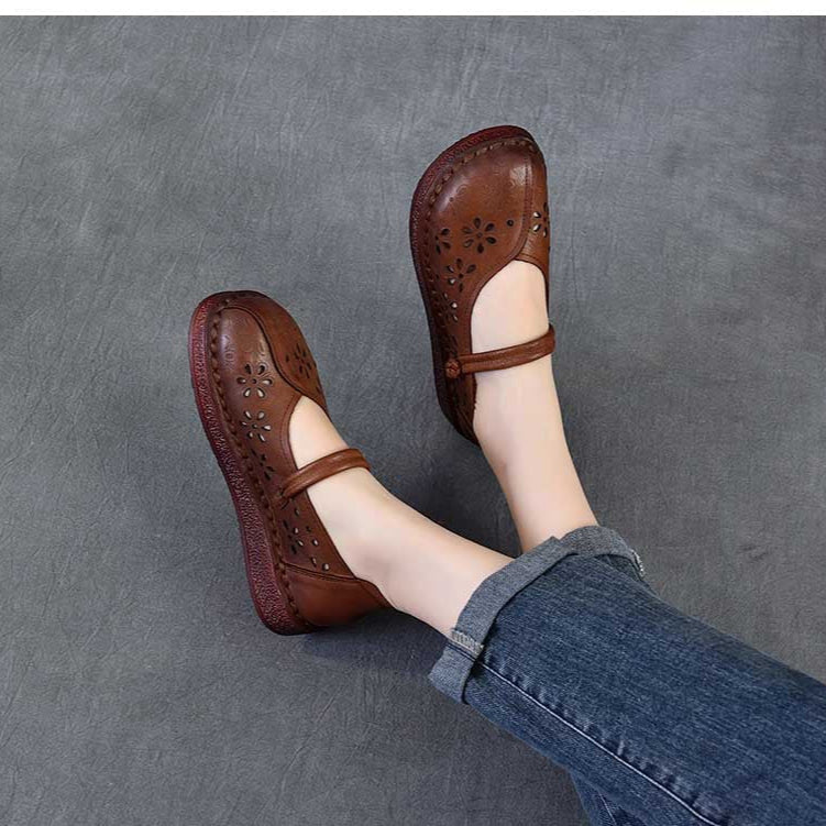 Women's Leather Floral Cutout Sandals – Breathable Summer Style