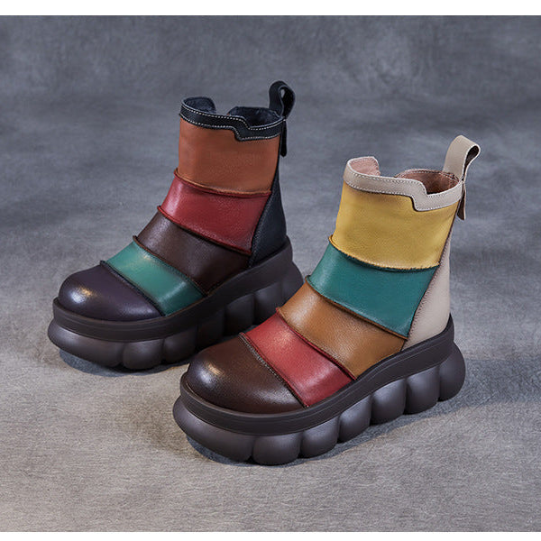 Women's Rainbow Avant-Garde Color-Block Platform Boots Leather Zipper Closure