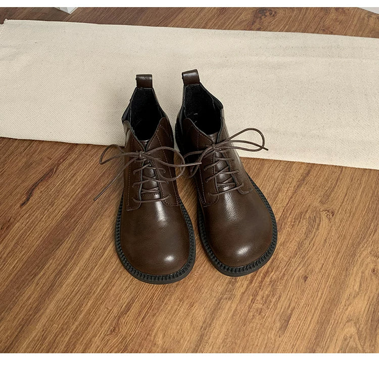 Women's Vegan Leather Ankle Boots Lace Up Casual Low Heel Booties Comfortable Walking Shoes