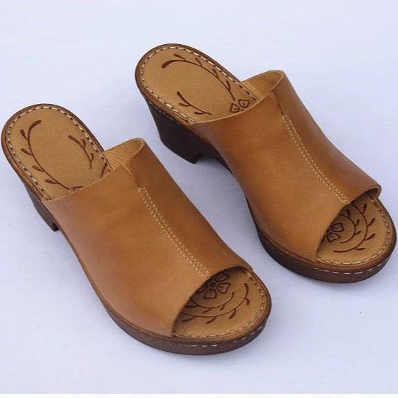 Women's Vintage Platform Block Heel Open Toe Mule Sandals