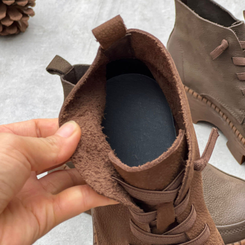 Retro Soft Leather Ankle Boots for Women – Comfortable Lace Up Design