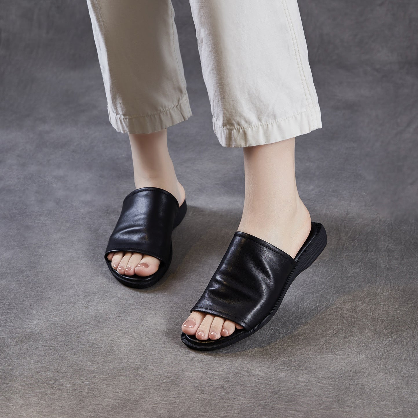 Women's Open Toe Leather Ruched Mules - Zen Style Cowhide Summer Slides
