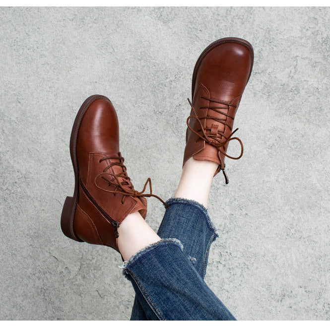 Women's Classic Genuine Leather Ankle Boots – Lace-Up with Side Zipper Closure