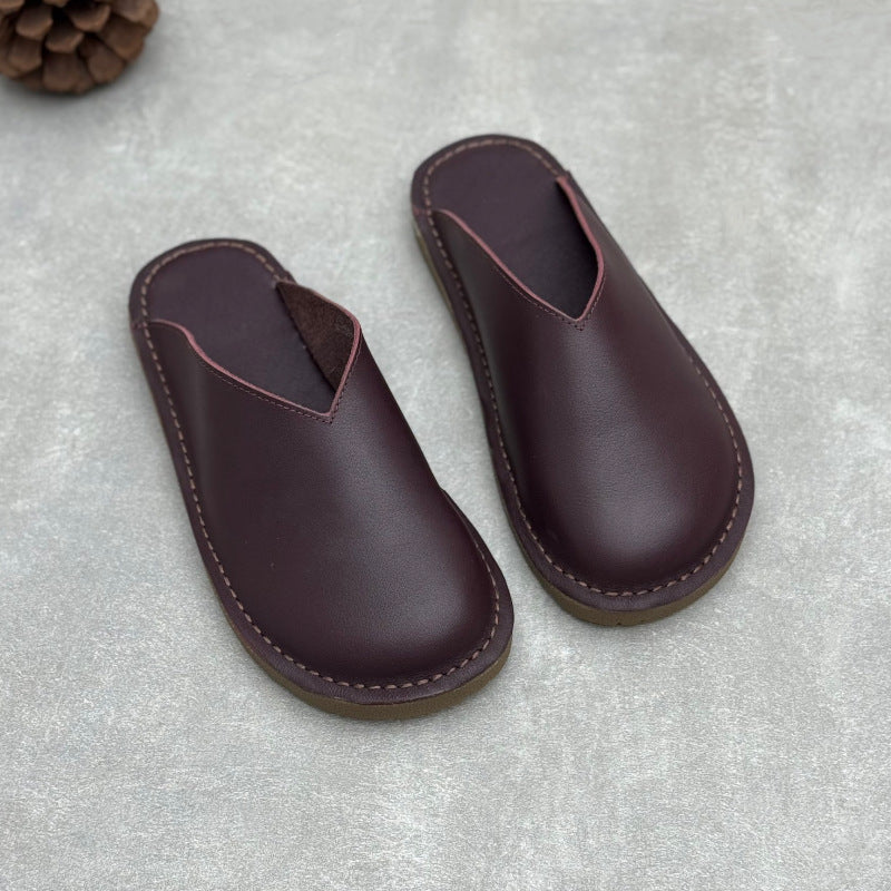 Minimalist V-Cut Cowhide Summer Mules Women's Leather Zen Flat Summer Slides