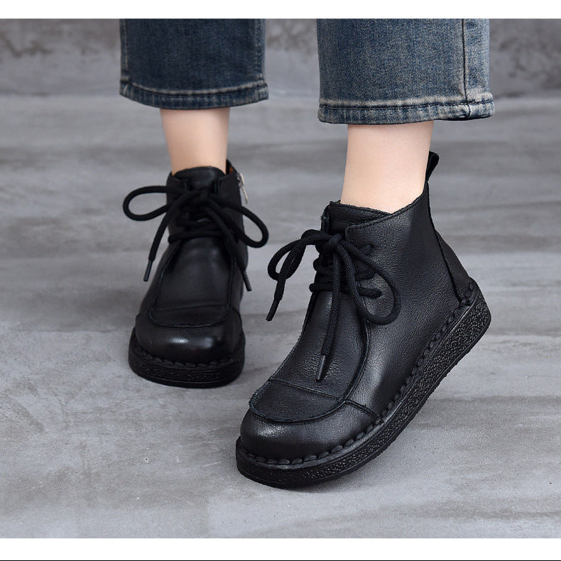 Women's Leather Flat Ankle Boots – Comfortable Casual Lace-Up Zipper Style