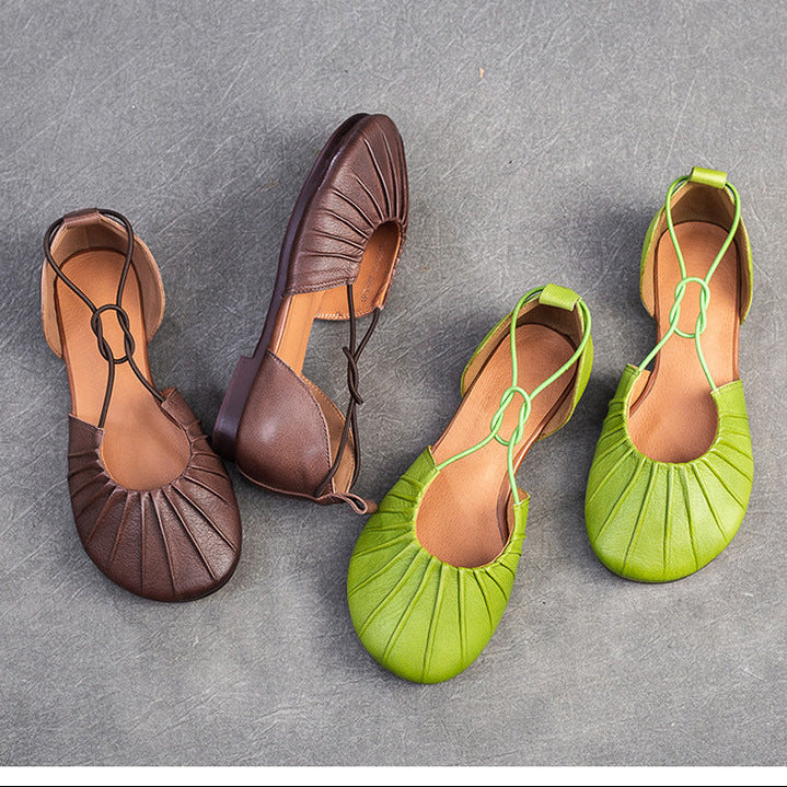Women's Pleated Cowhide Flats - Wide-Toe Closed-Toe Sandals - Elastic Cross-Strap