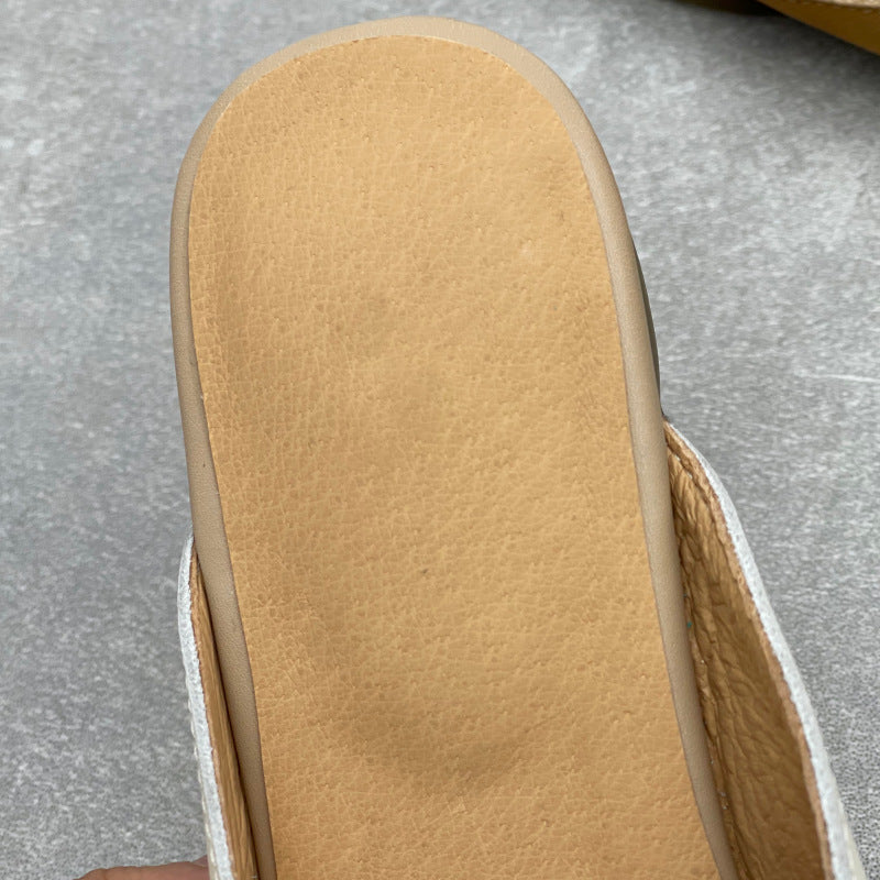 Women's Pointed Toe Leather V-Cut Mules - Unlined Minimalist Flat Slides
