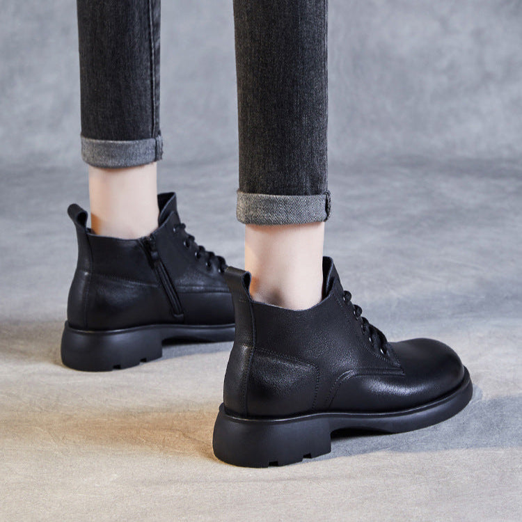 Women's Genuine Leather Casual Ankle Boots – Round Toe with Side Zipper