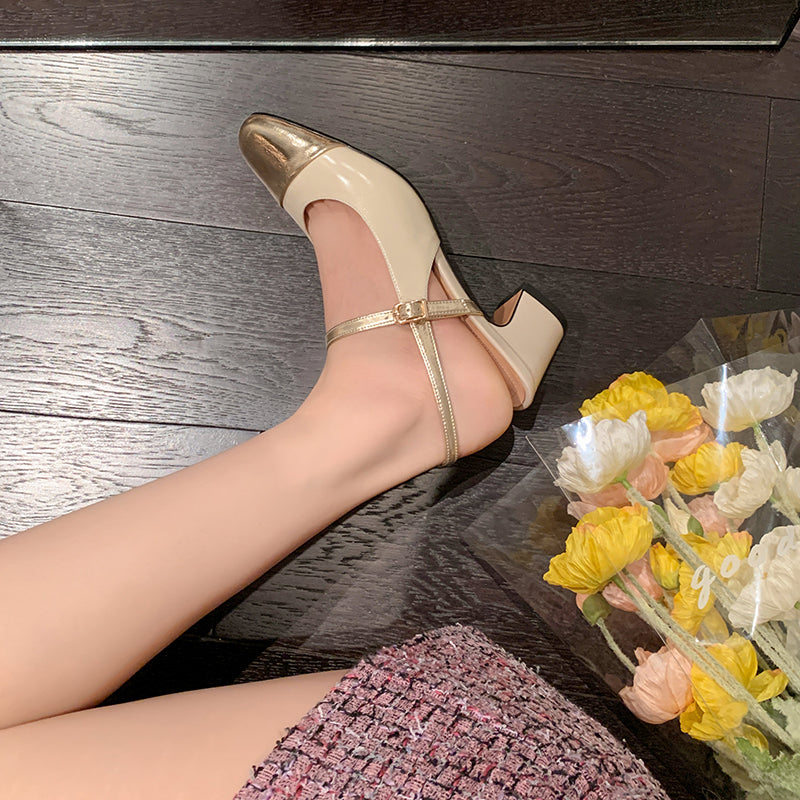 Women's Elegant French Patchwork Slip On Closed Toe Mid Heel Sandals