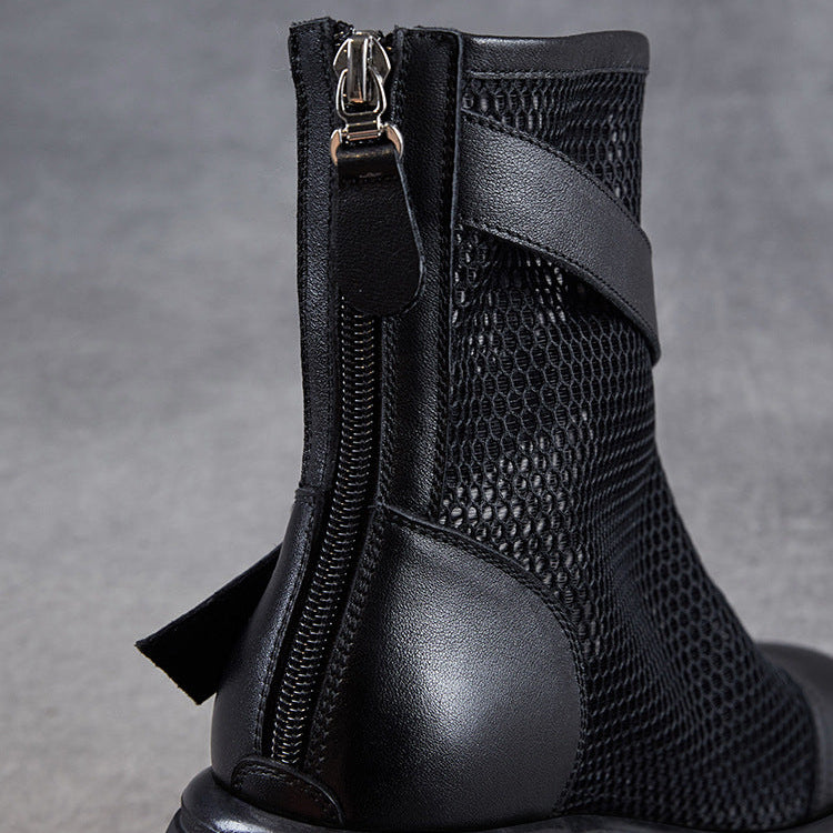 Women's Leather Summer Boots – Mesh Insert Breathable Ankle Shoes