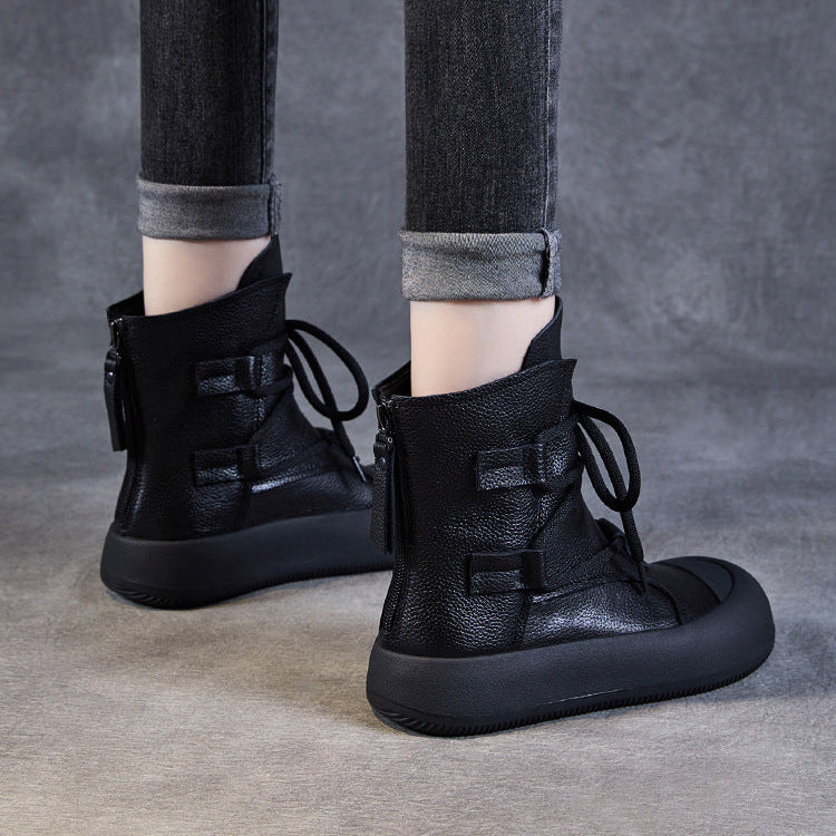 Women's Lace-Up Platform Boots – Genuine Leather Casual Back Zipper Boots