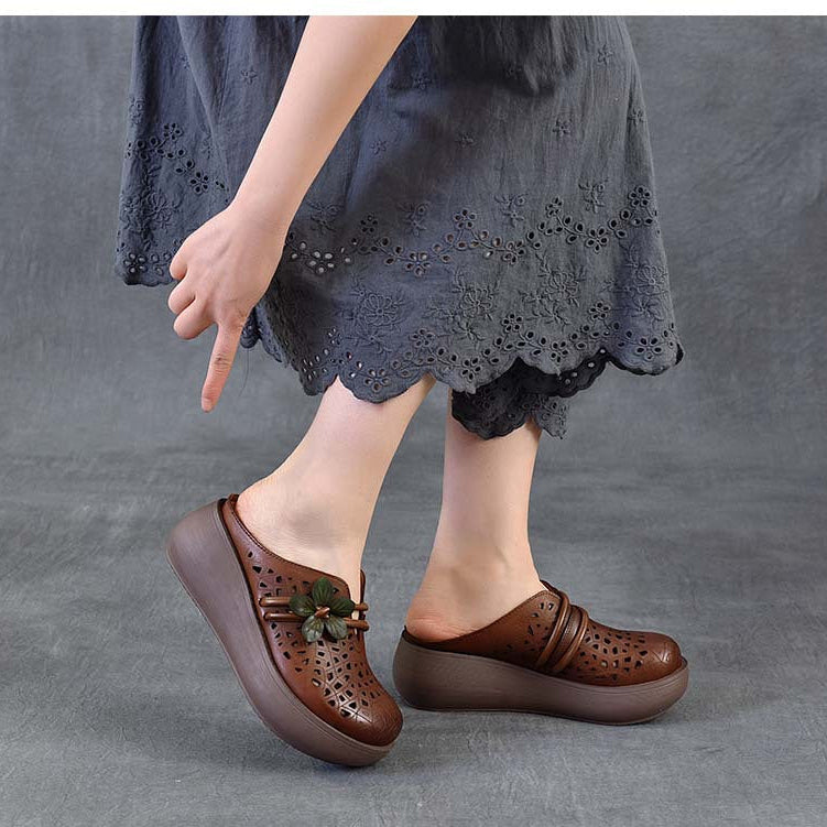 Women's Cowhide Platform Mules - Summer Shoes Breathable Floral Cut-out Sandals