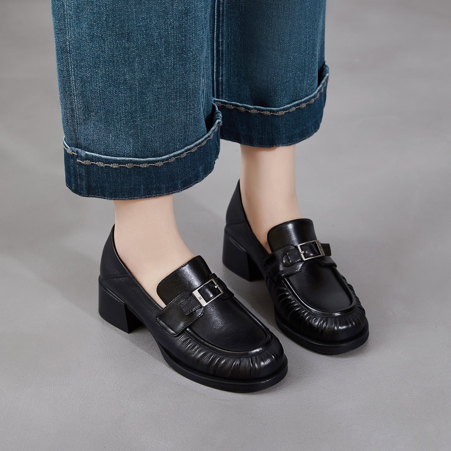 Women's Sheepskin Loafers - Ruched Leather Buckle Block Heel