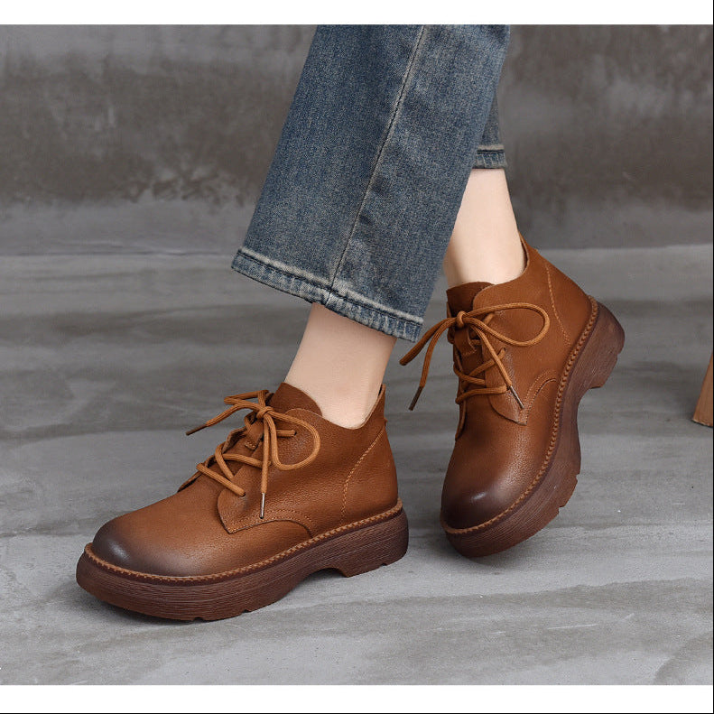 Women's Leather Platform High-Top Shoes – Round Toe Lace-Up Casual Style