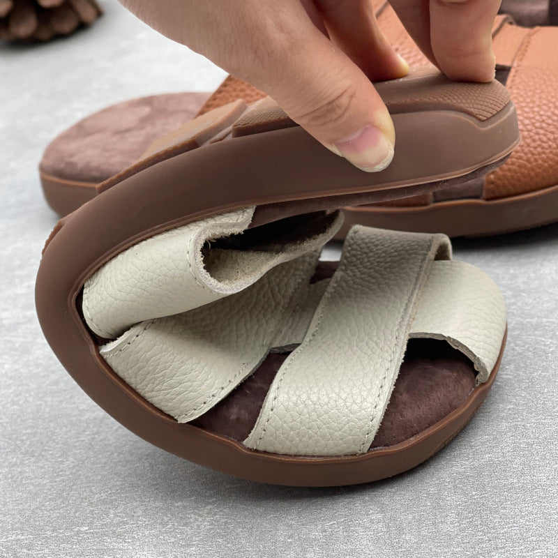 Artisanal Woven Leather Summer Slides - Minimalist Round Toe Cowhide Mules - Breathable Flat Footwear
