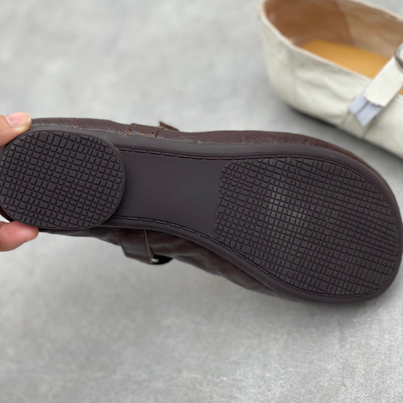 Women’s Handmade Sheepskin Mary Jane Flats – Vintage Round Toe Slip-On Shoes