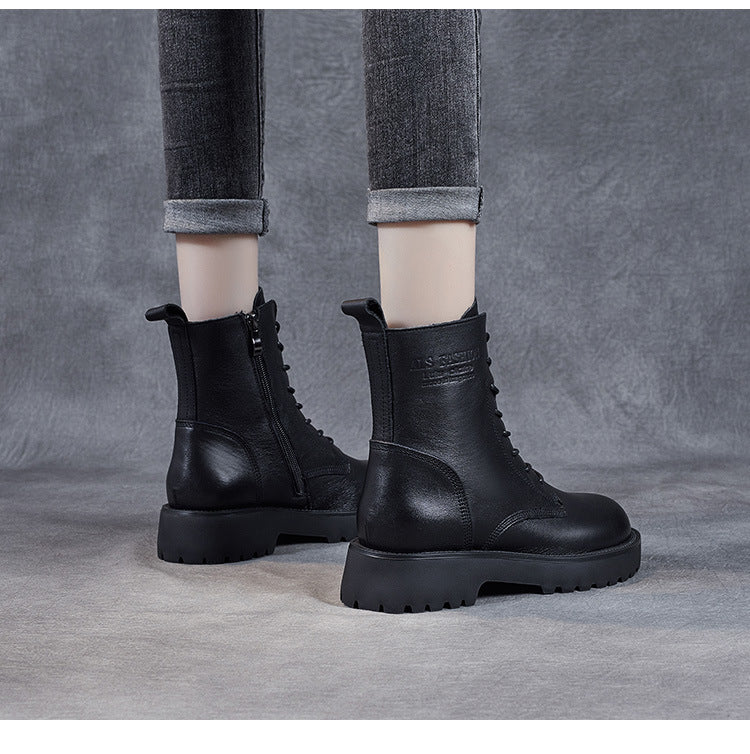 Women's Genuine Leather Casual Combat Boots with Side Zipper Closure