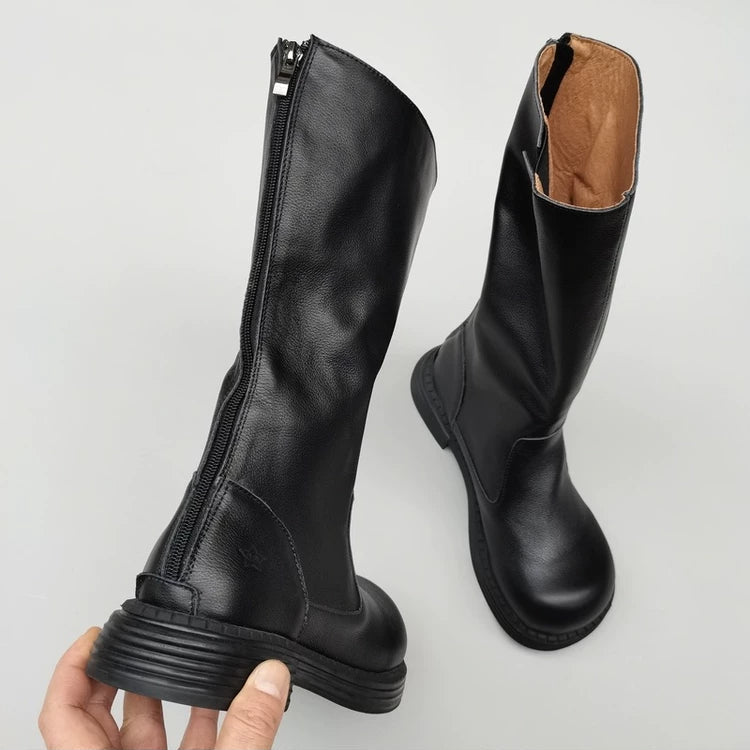 Wide-toe Box Handmade Genuine Leather Women's Mid Calf Boots Black Zipper
