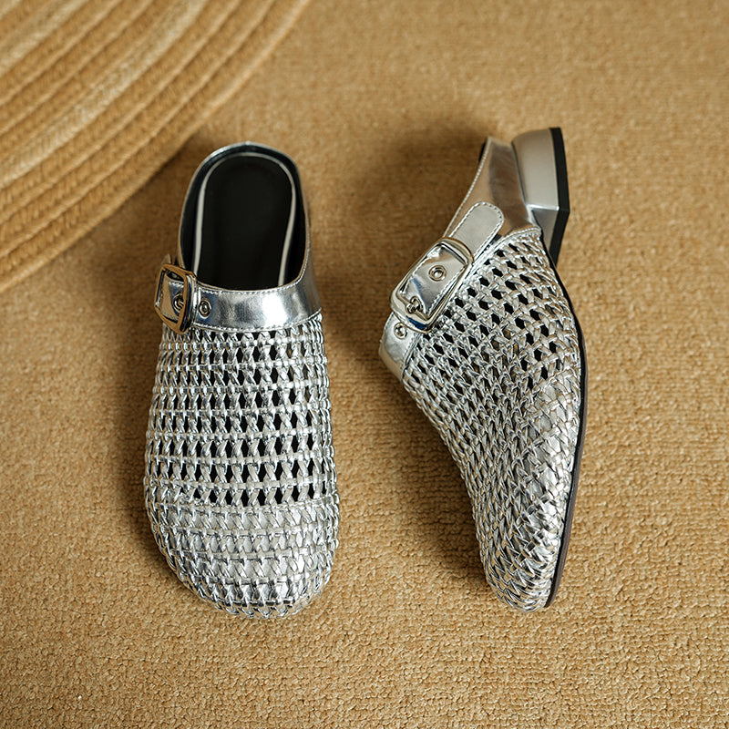 Women's Hollow Out Leather Low Heel Buckle Summer Mule Sandals