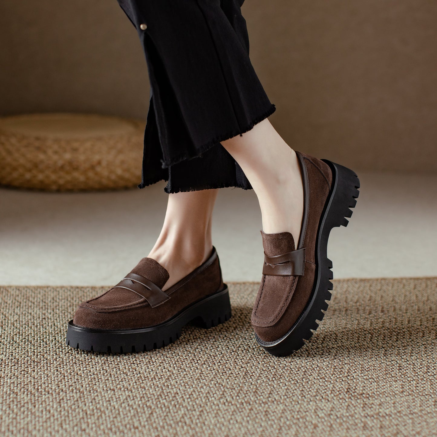 Suede Leather Handmade Classic Platform Penny Loafers Flats Women's Shoes
