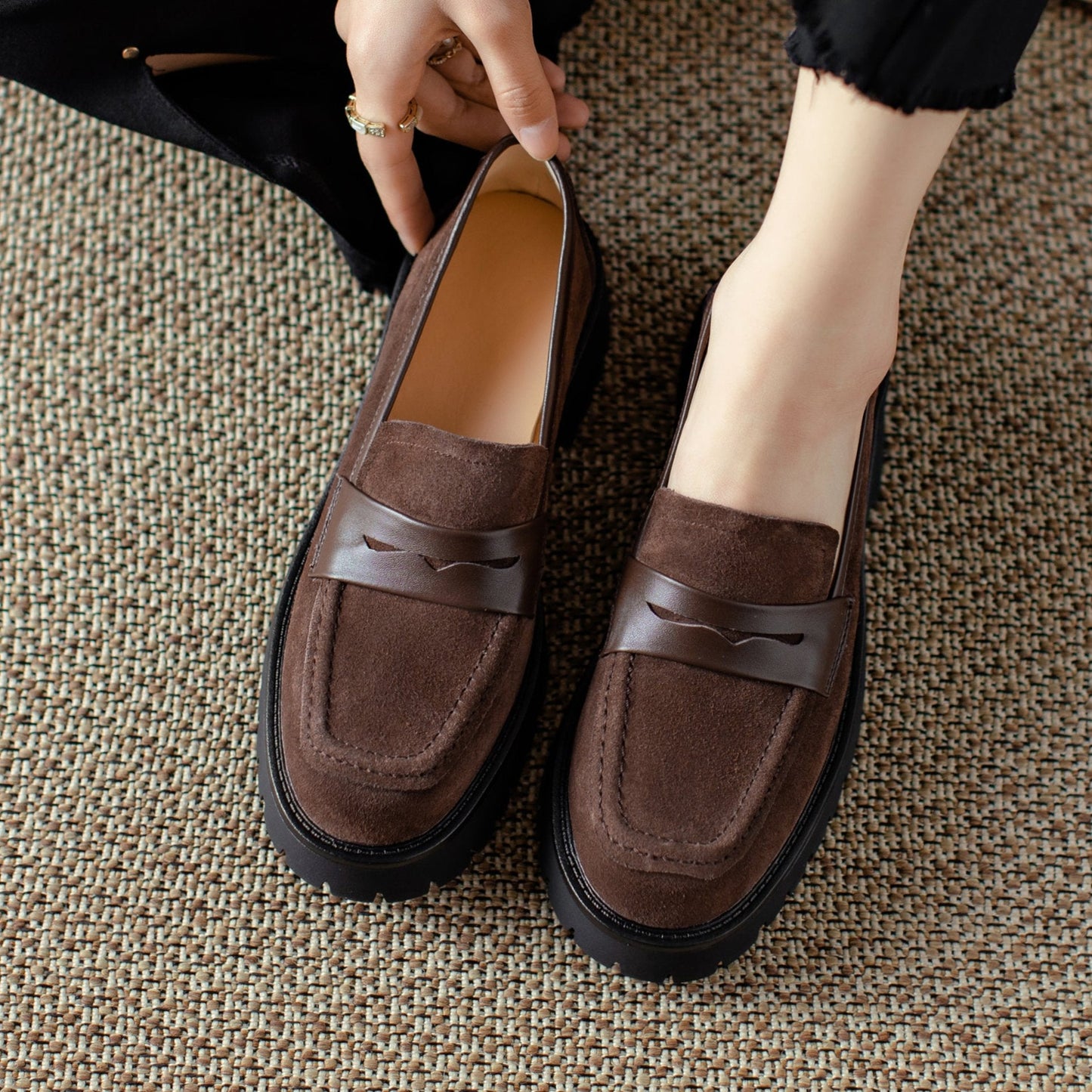 Suede Leather Handmade Classic Platform Penny Loafers Flats Women's Shoes